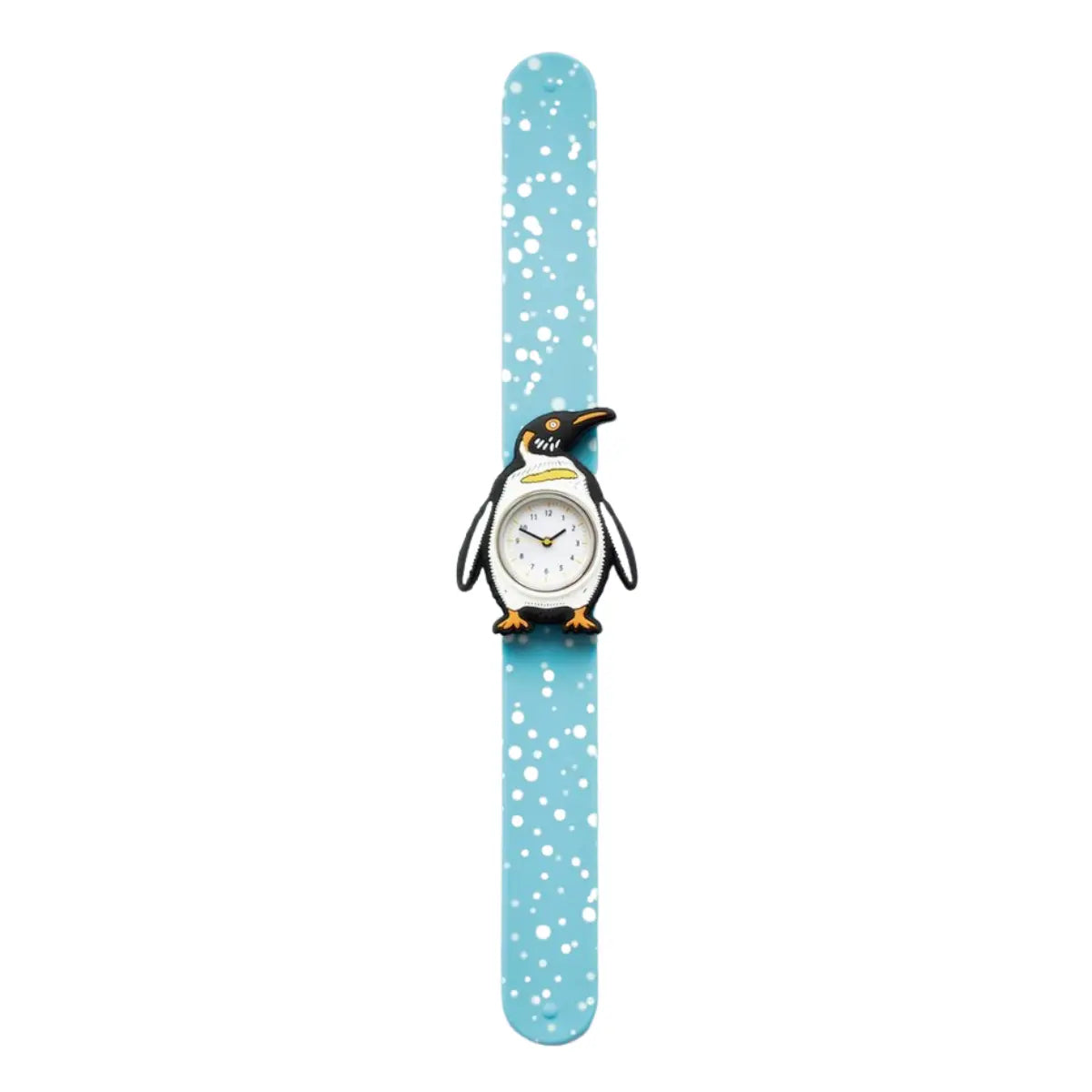 Orologio slap con un Pinguino rappresentato. Il cinturino è azzurro con dei puntini bianchi che richiamano i fiocchi di neve. Sfondo bianco