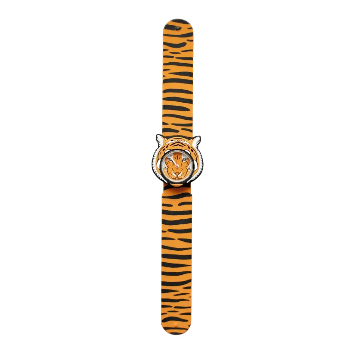 Orologio Slap con Tigre rappresentata. Il cinturino dell'orologio presenta una fantasia arancione e nera come il manto della tigre. Sfondo bianco 