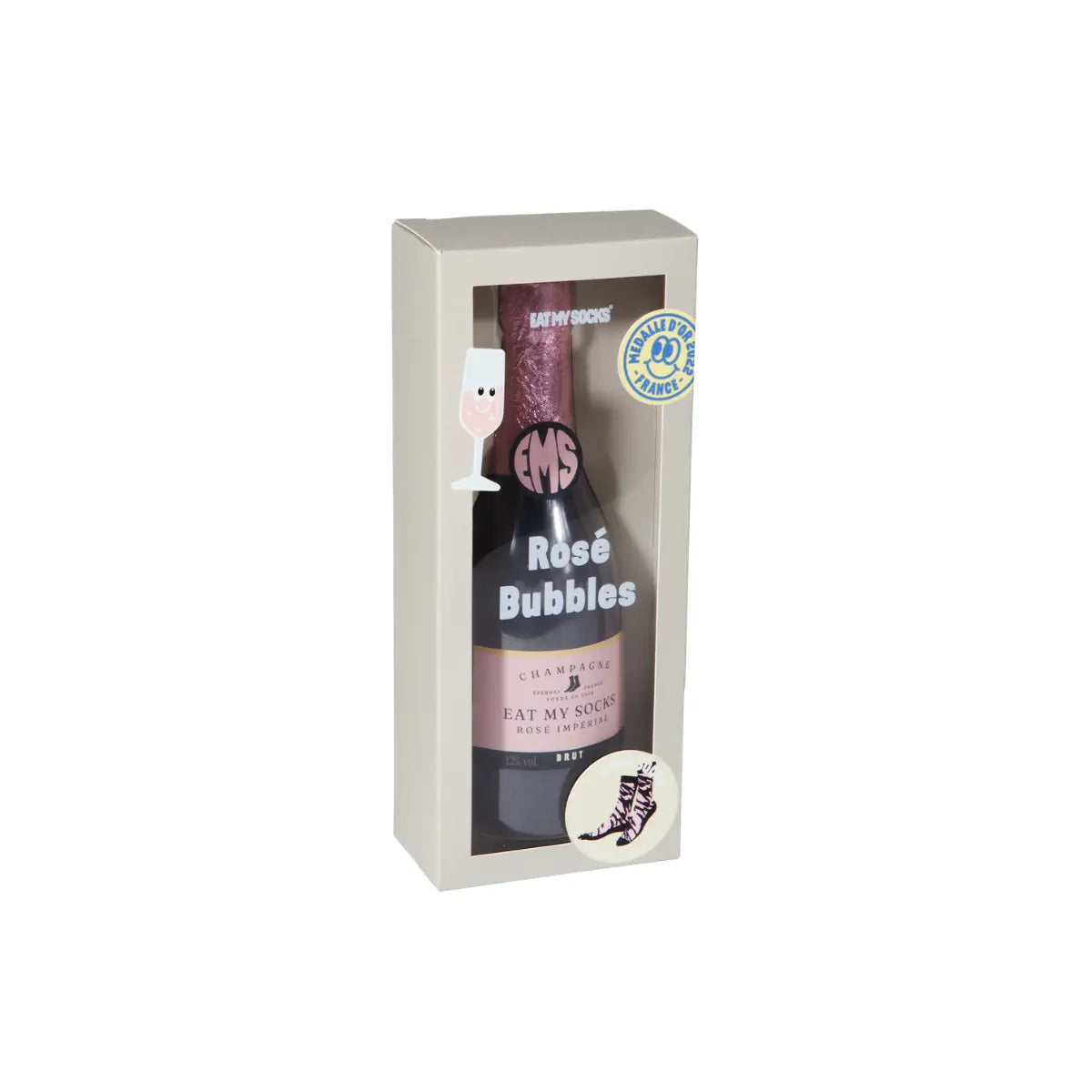 Packaging originale, formata da una scatola contenente una bottiglia di Rosè, con all'interno la coppia di calzini. 