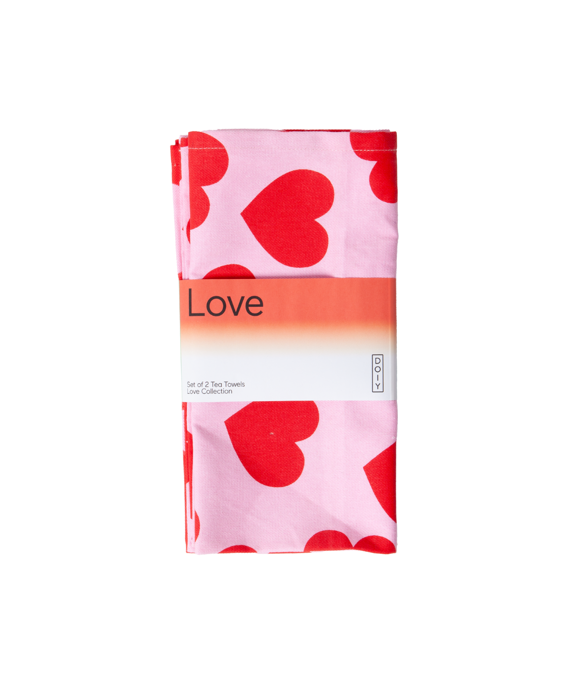 Strofinacci confezionati con scritta Love e marca Day in nero. Immagine su sfondo bianco