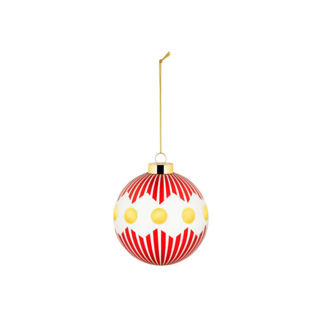 Pallina di Natale con decori geometrici, base bianche. palline oro e linee rosse 