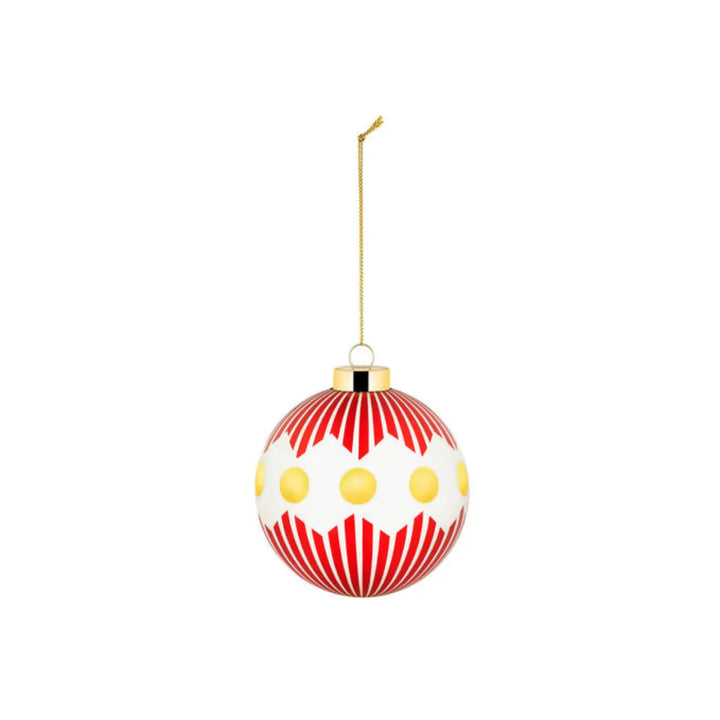 Pallina di Natale con decori geometrici, base bianche. palline oro e linee rosse 