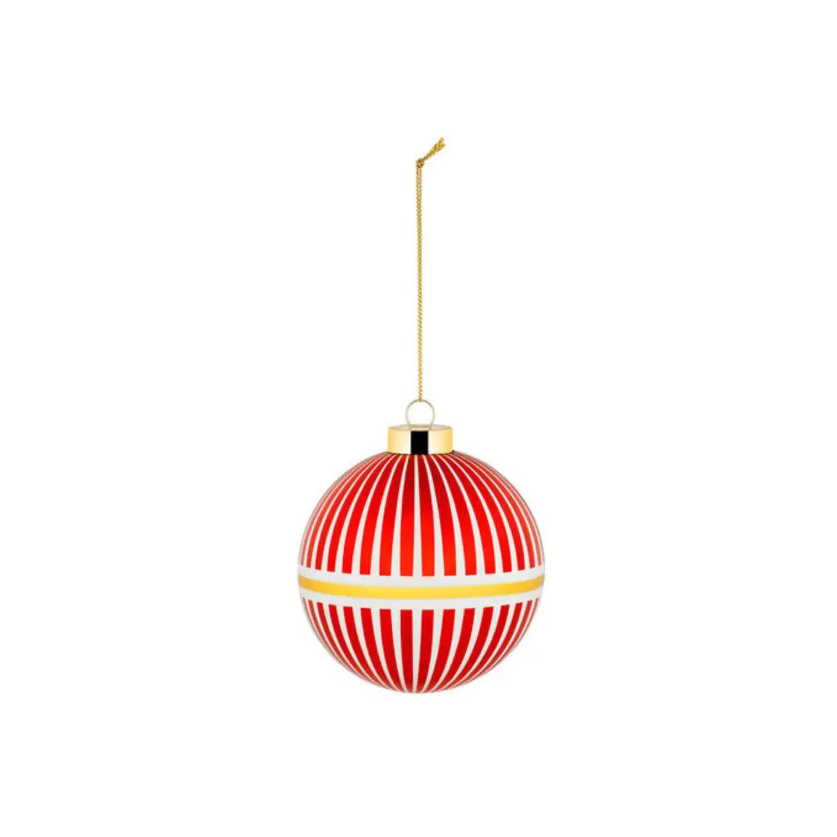 Pallina di Natale bianca con righe rosse e una riga centrale in oro di Alessi 