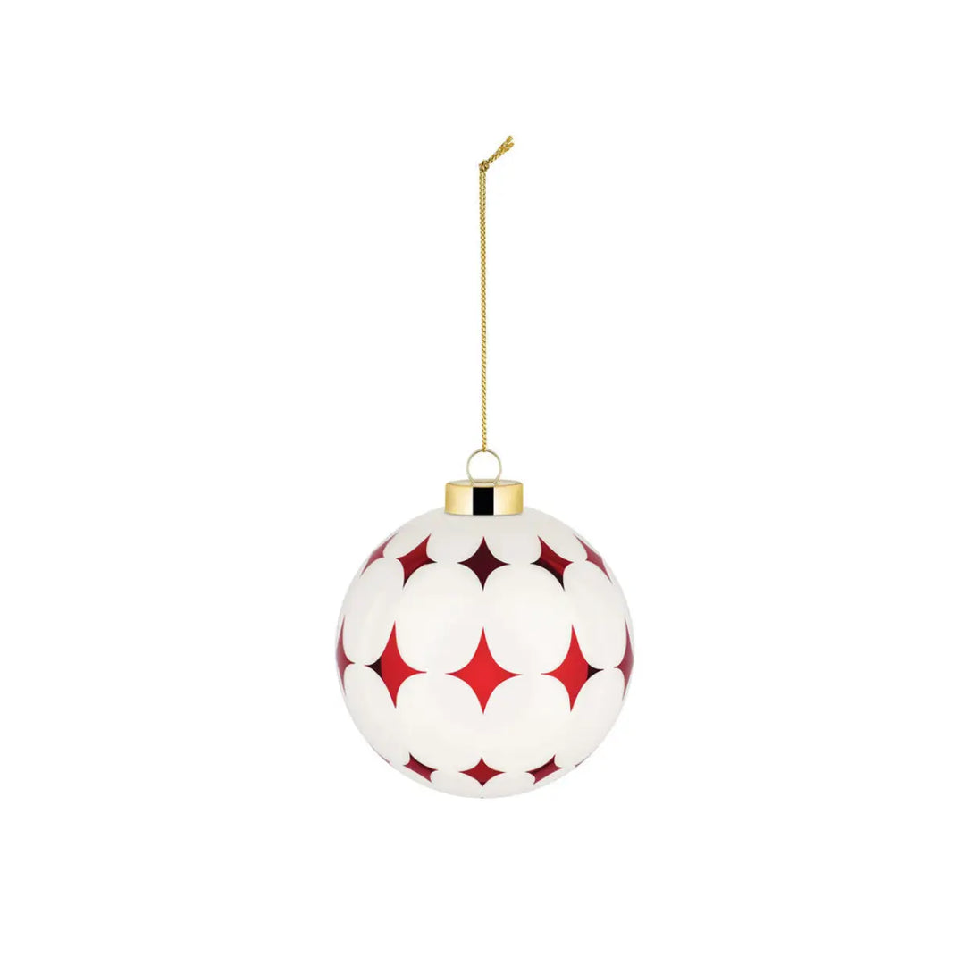 Pallina di Natale bianca con decori rossi di Alessi linea Delight in vetro 