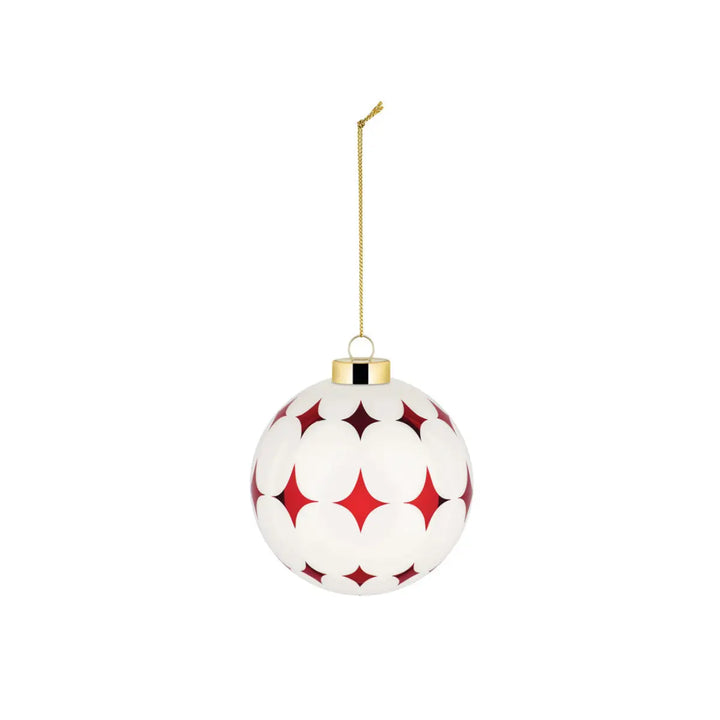 Pallina di Natale bianca con decori rossi di Alessi linea Delight in vetro 