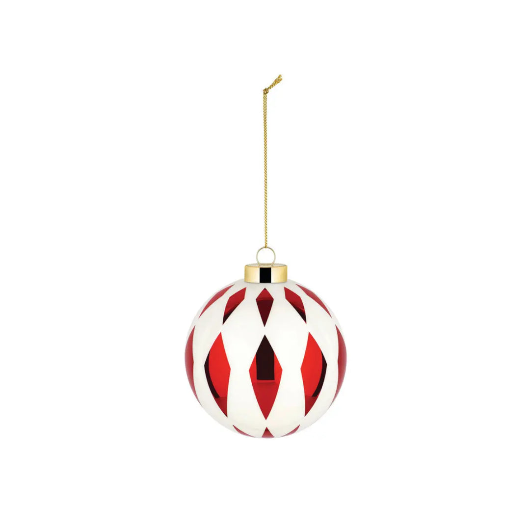 Pallina di Natale con decori geometrici bianchi e rombi rossi 