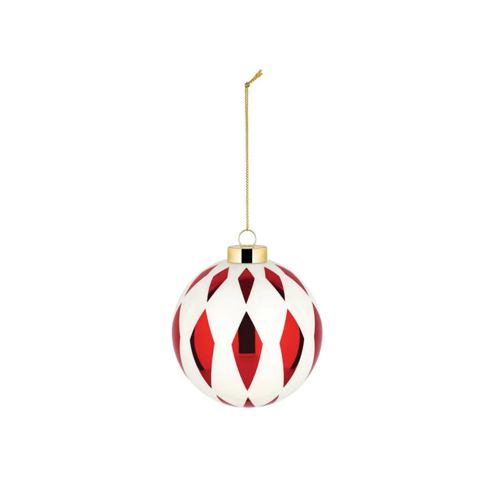 Pallina di Natale con decori geometrici bianchi e rombi rossi 