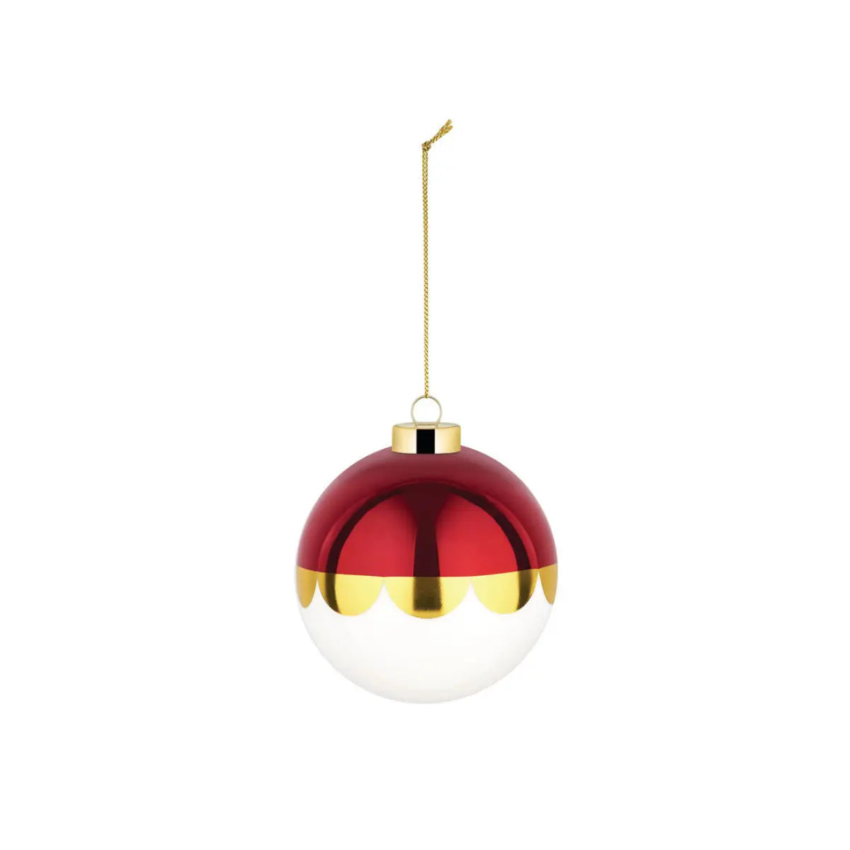 Pallina di Natale metà rossa e metà bianca con decoro centrale in oro 