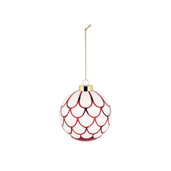 Pallina bianca di Natale con decori rossi a petalo e cordino oro