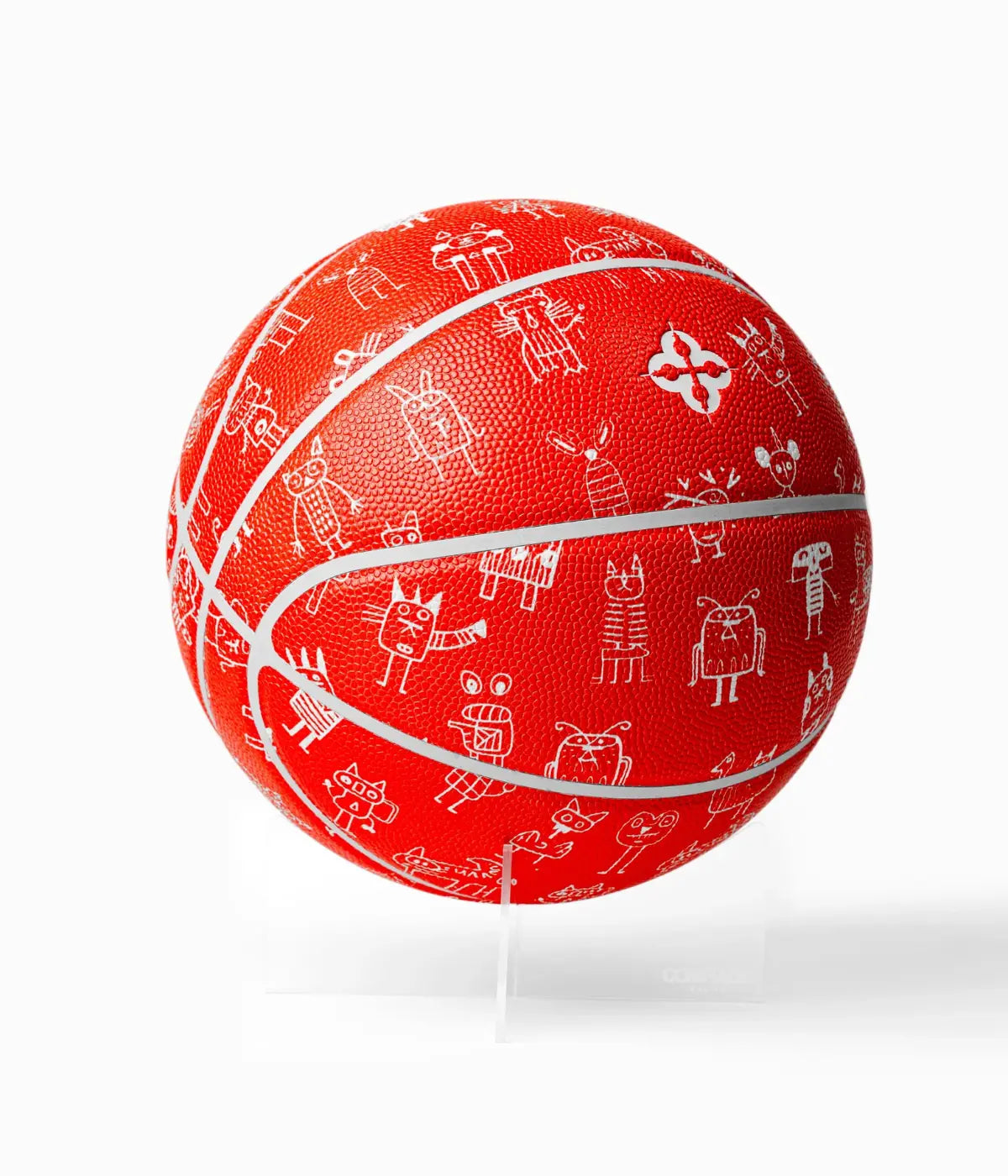 Palla basket con disegni bianchi stilizzati fondo rosso Ferrari. Immagine su Sfondo bianco