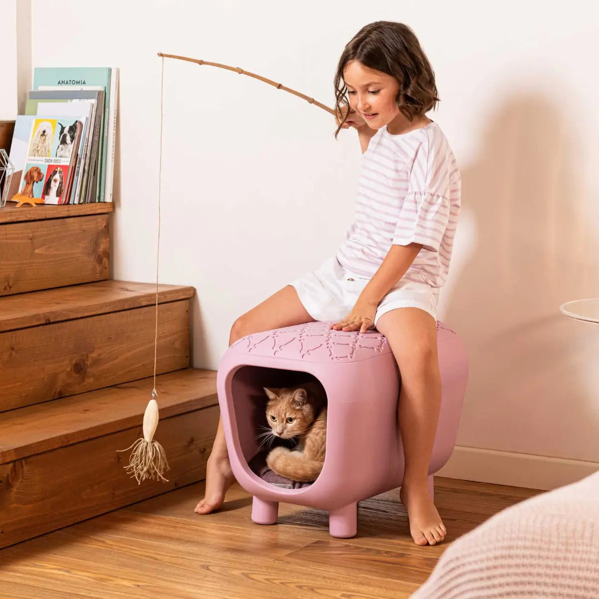 Bambina che gioca con il gatto seduta sulla PANCUCCIA rosa 