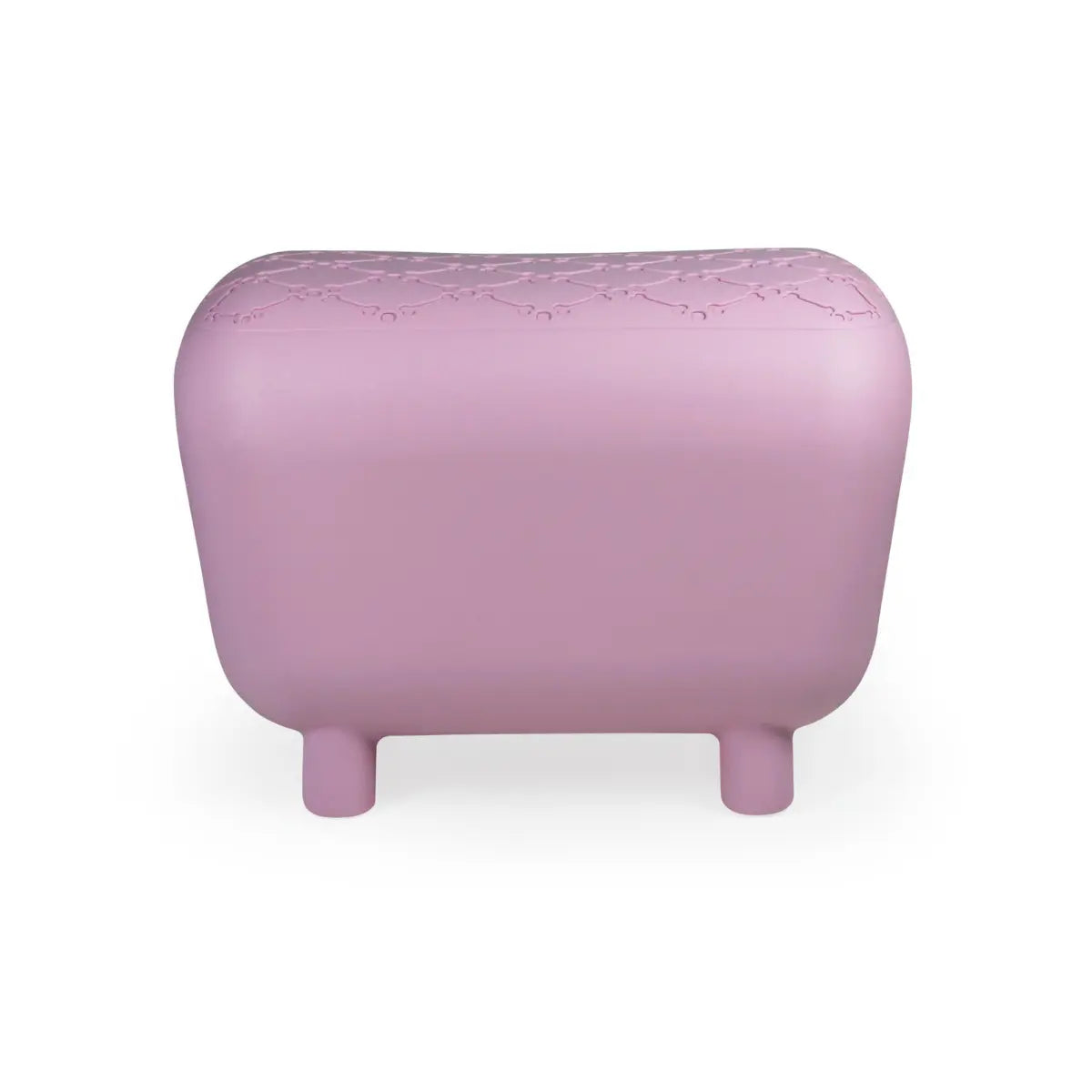 Cuccia rosa rialzata per cani e gatti vista di lato, oggetto di design e panca per adulti 