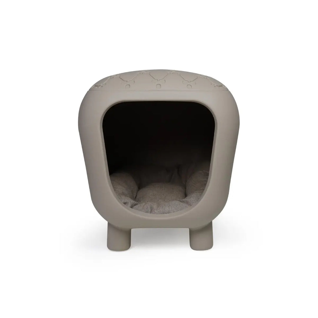 Cuccia tortora per cani e gatti a forma di panca con cuscino interno, rialzata per taglie piccole