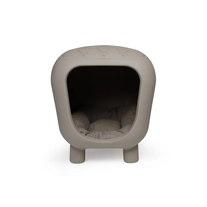 Cuccia tortora per cani e gatti a forma di panca con cuscino interno, rialzata per taglie piccole