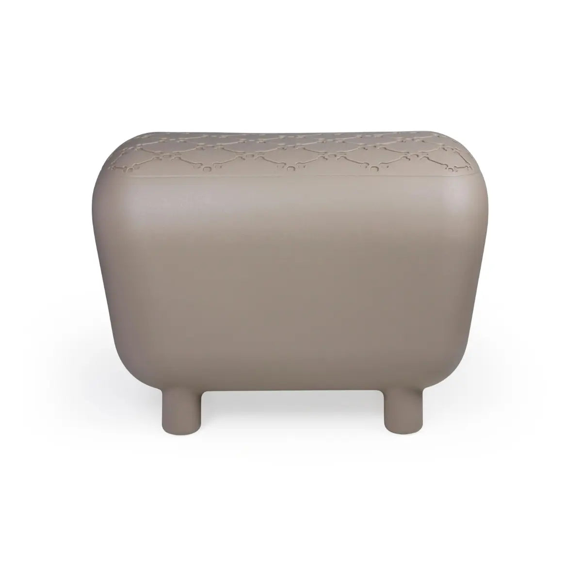 Cuccia tortora rialzata per cani e gatti vista di lato, oggetto di design e panca per adulti 