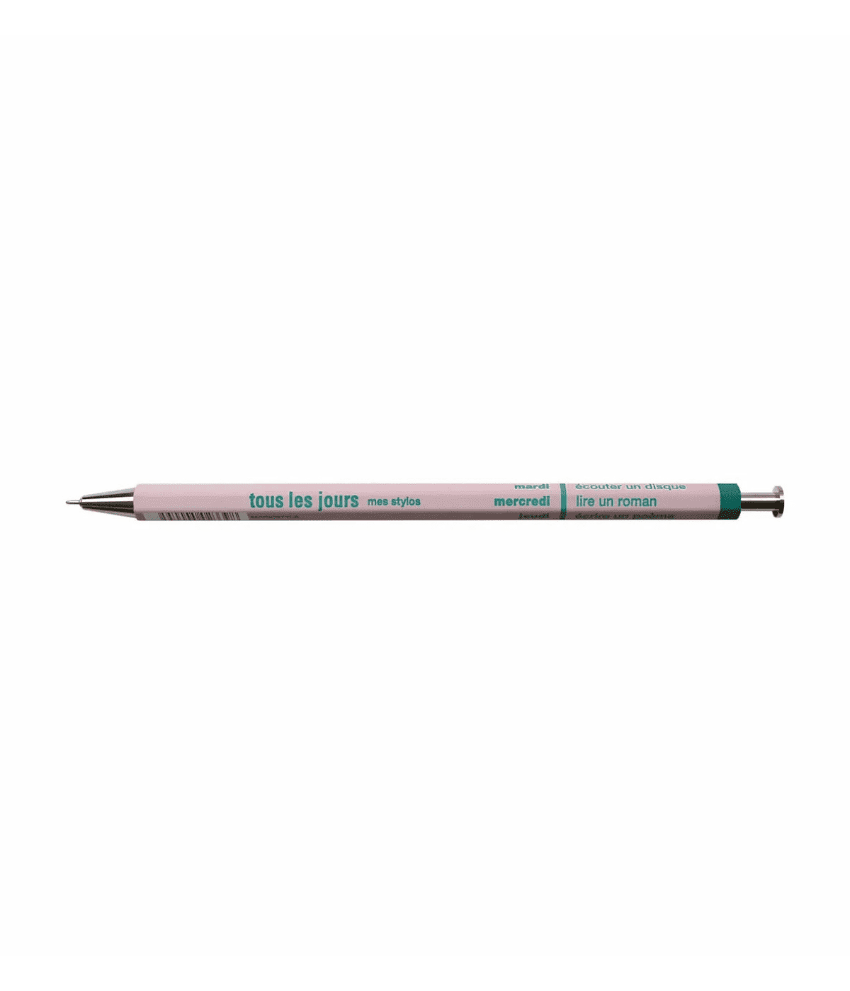 Penna di Design rosa con scritte color tiffany. Punta in metallo. Immagine su sfondo bianco.
