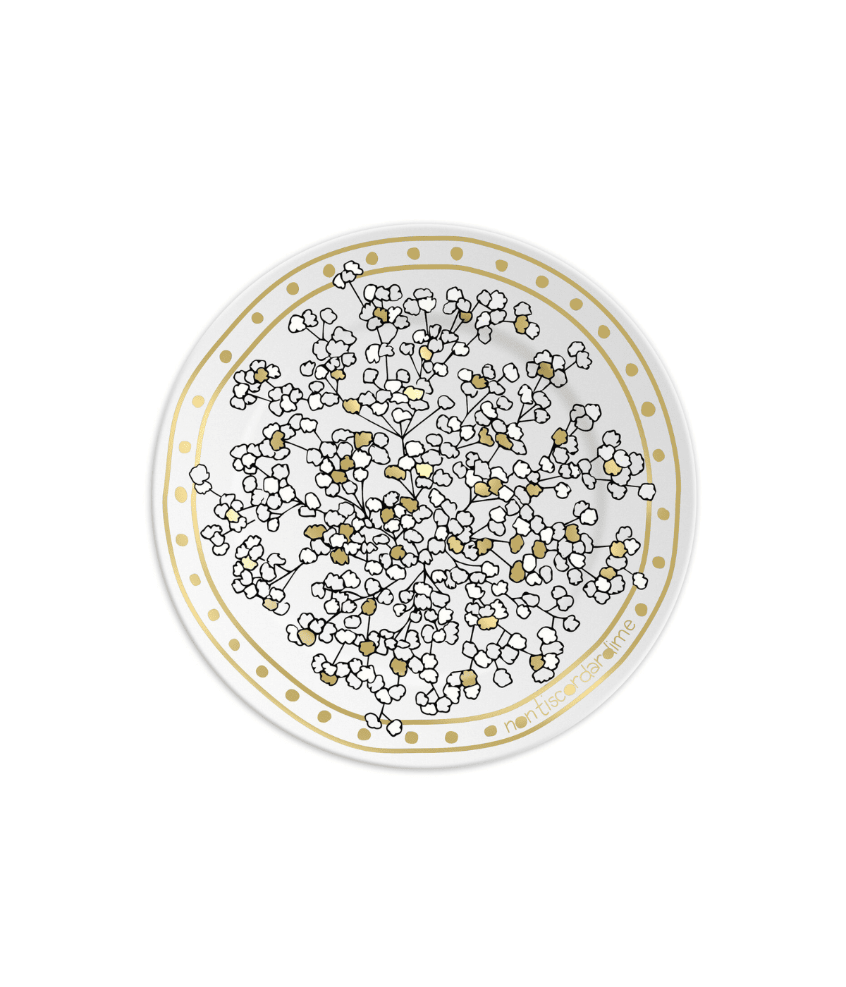 Piatto bianco con scritta oro e decorazione floreale in nero e oro. Sfondo bianco.