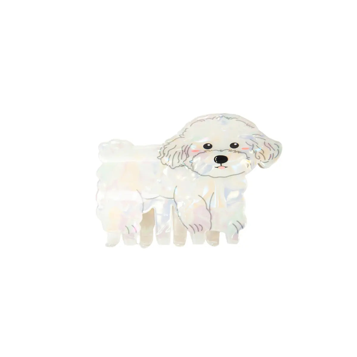 Pinza per capelli a forma di cane barboncino bianco. I dettagli delle zampe e del muso sono evidenziate da delle sottili linee grigie. Sfondo bianco 
