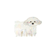 Pinza per capelli a forma di cane barboncino bianco. I dettagli delle zampe e del muso sono evidenziate da delle sottili linee grigie. Sfondo bianco 