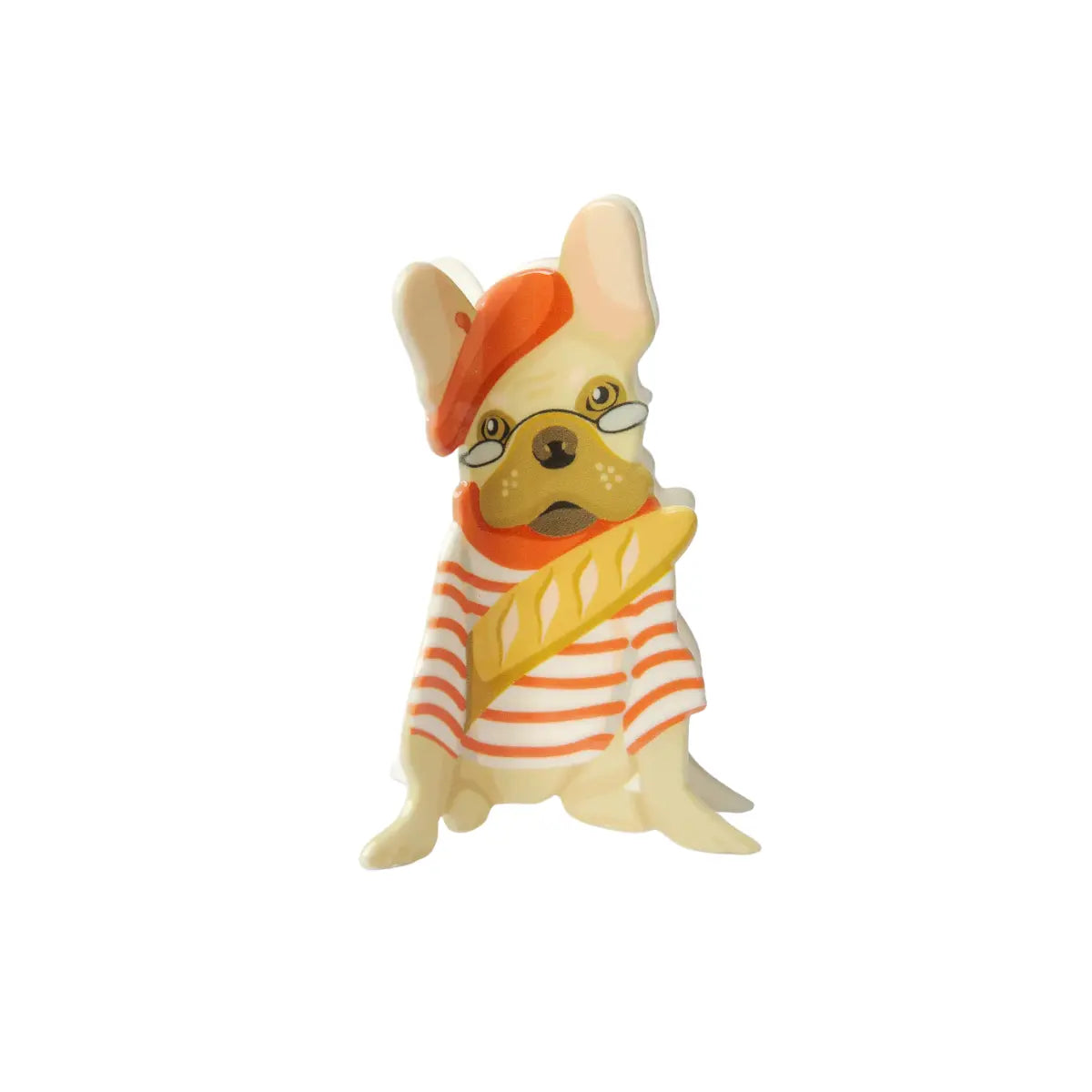 Pinza per capelli in plastica a forma di Bulldog francese vestito da francesizzo. Sfondo bianco 