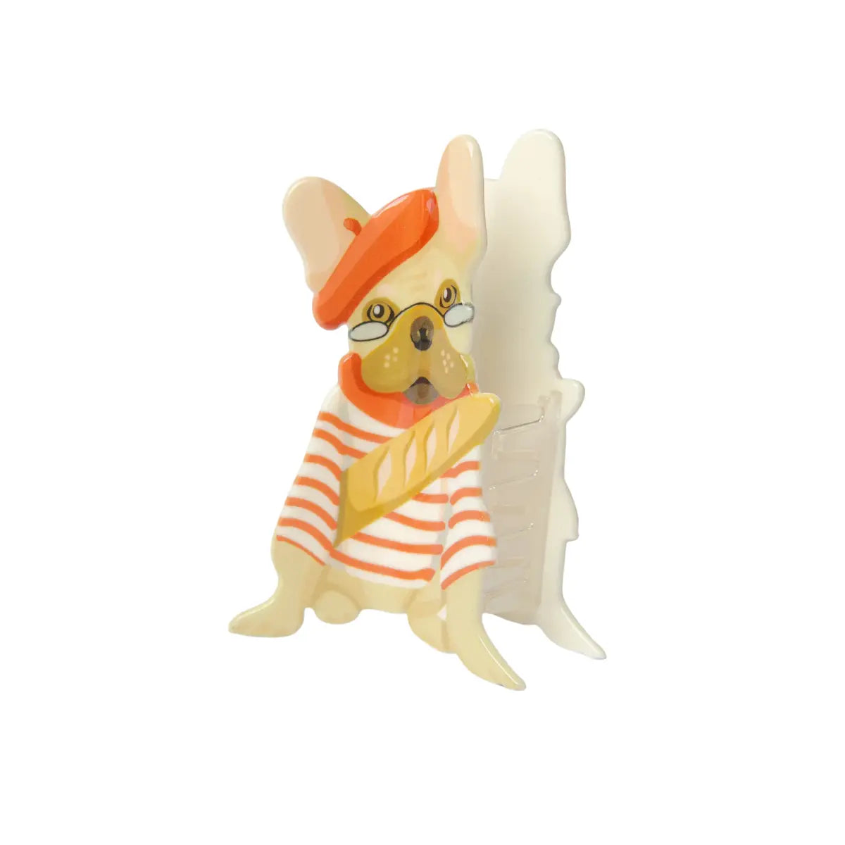 Pinza per capelli in plastica a forma di Bulldog francese vestito da francesizzo. Sfondo bianco 
