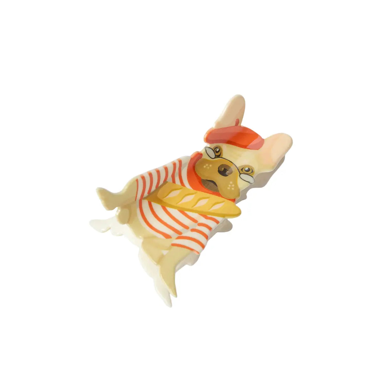 Pinza per capelli in plastica a forma di Bulldog francese vestito da francesizzo. Sfondo bianco 