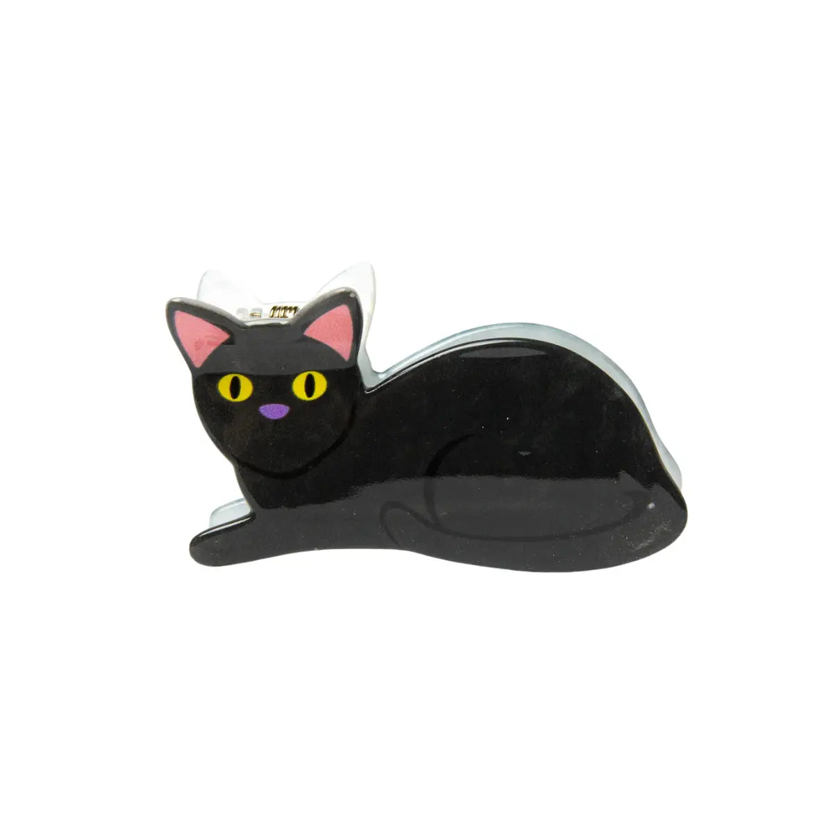 Pinza per capelli a forma di gatto nero con occhi gialli, naso viola e dettaglio delle orecchie rosa. Lo sfondo dell'immagine è bianco