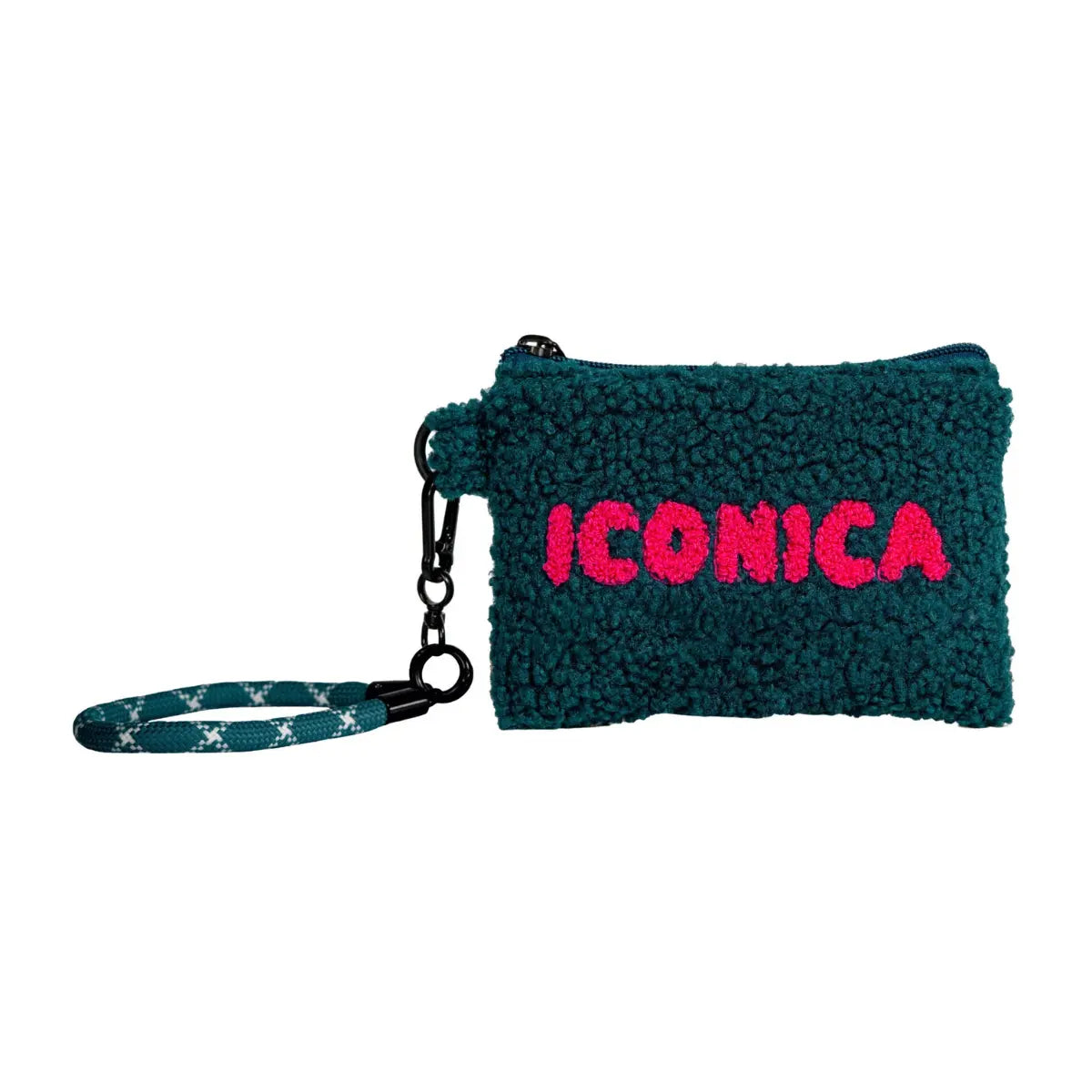 Pochette Winter Vibes bouclé verde petrolio con scritta Iconica