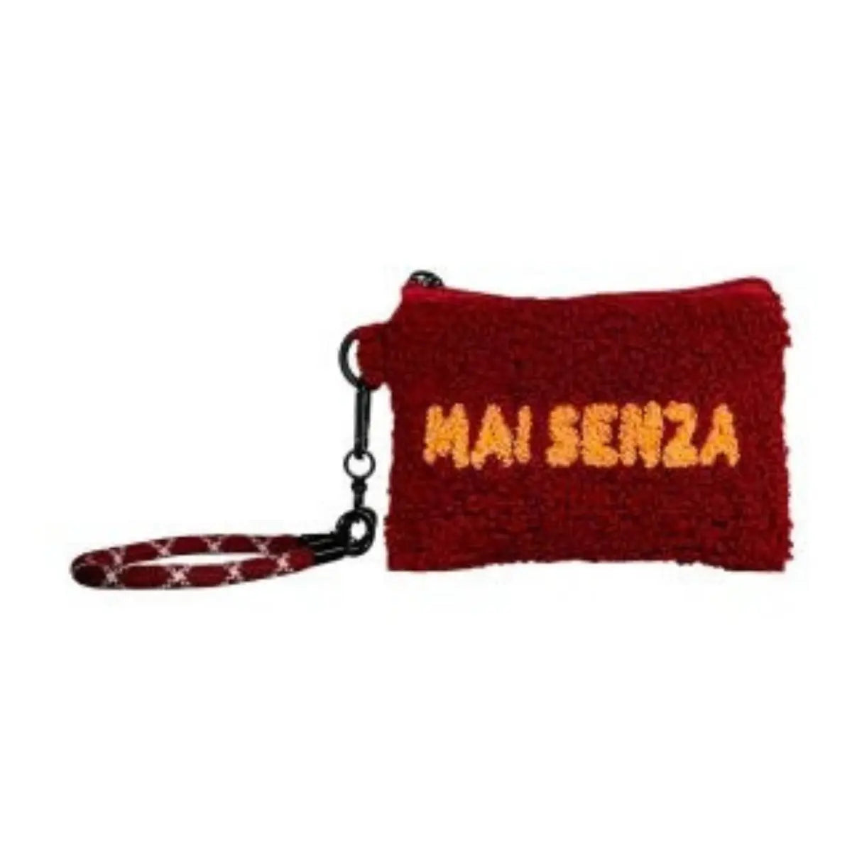 Pochette Winter Vibes bouclé rossa con scritta Mai Senza