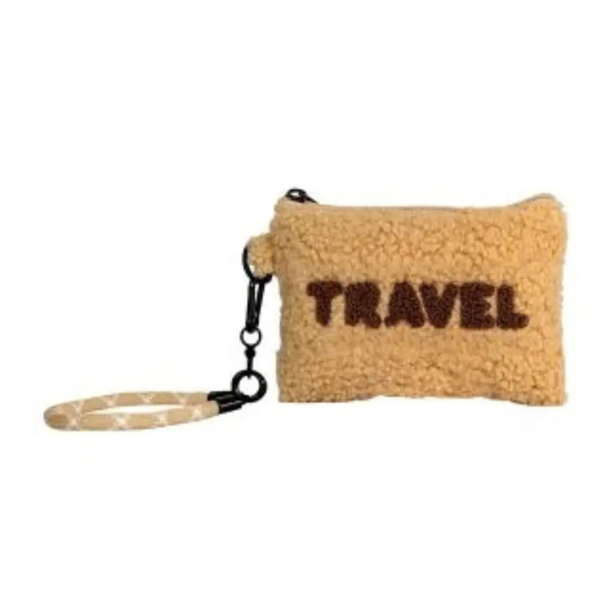 Pochette Winter Vibes bouclé beige con scritta Travel