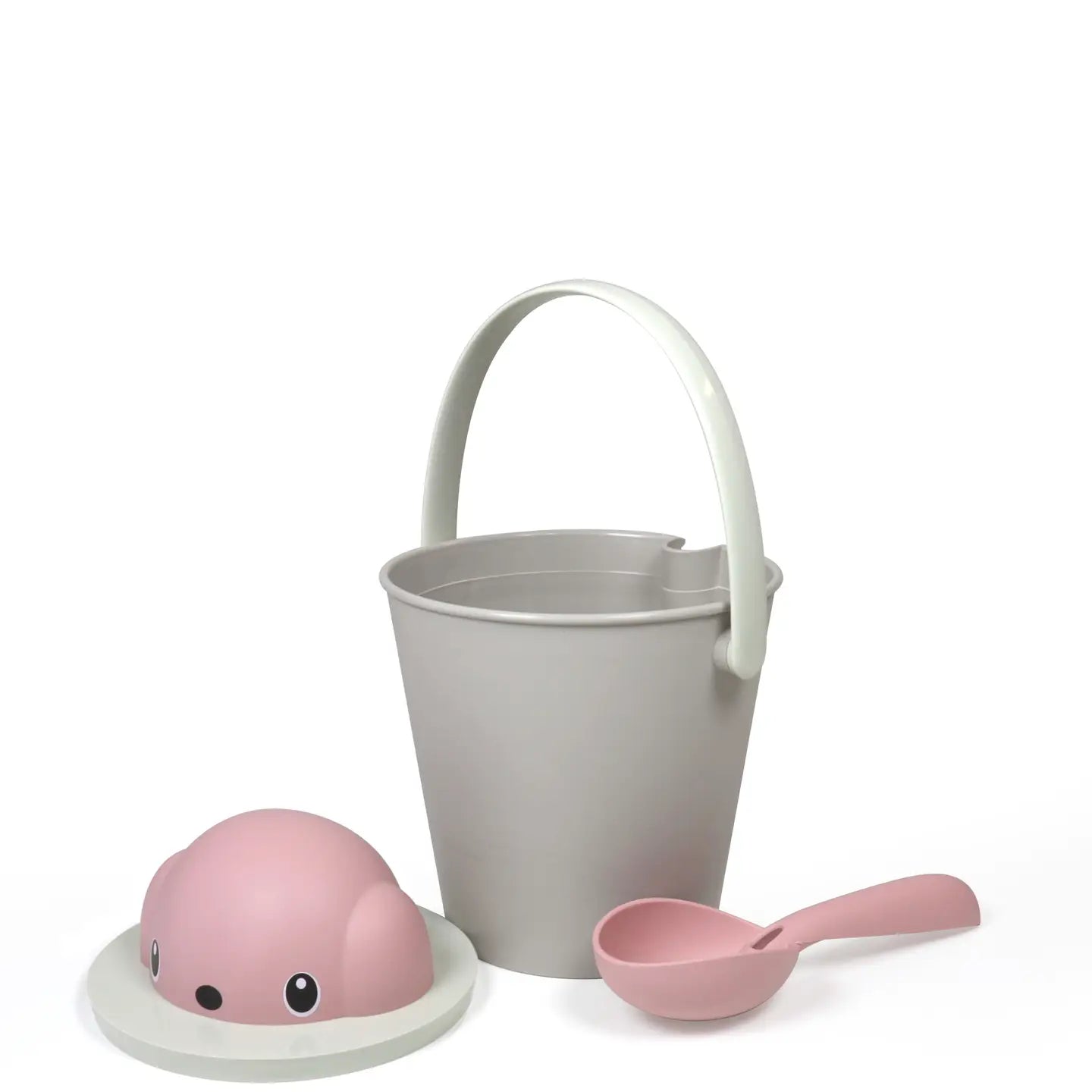 Porta crocchette secchiello grigio con coperchio con volto di cane e paletta rosa 