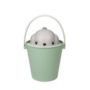 Porta crocchette per cani verde e grigio con volto del cane 