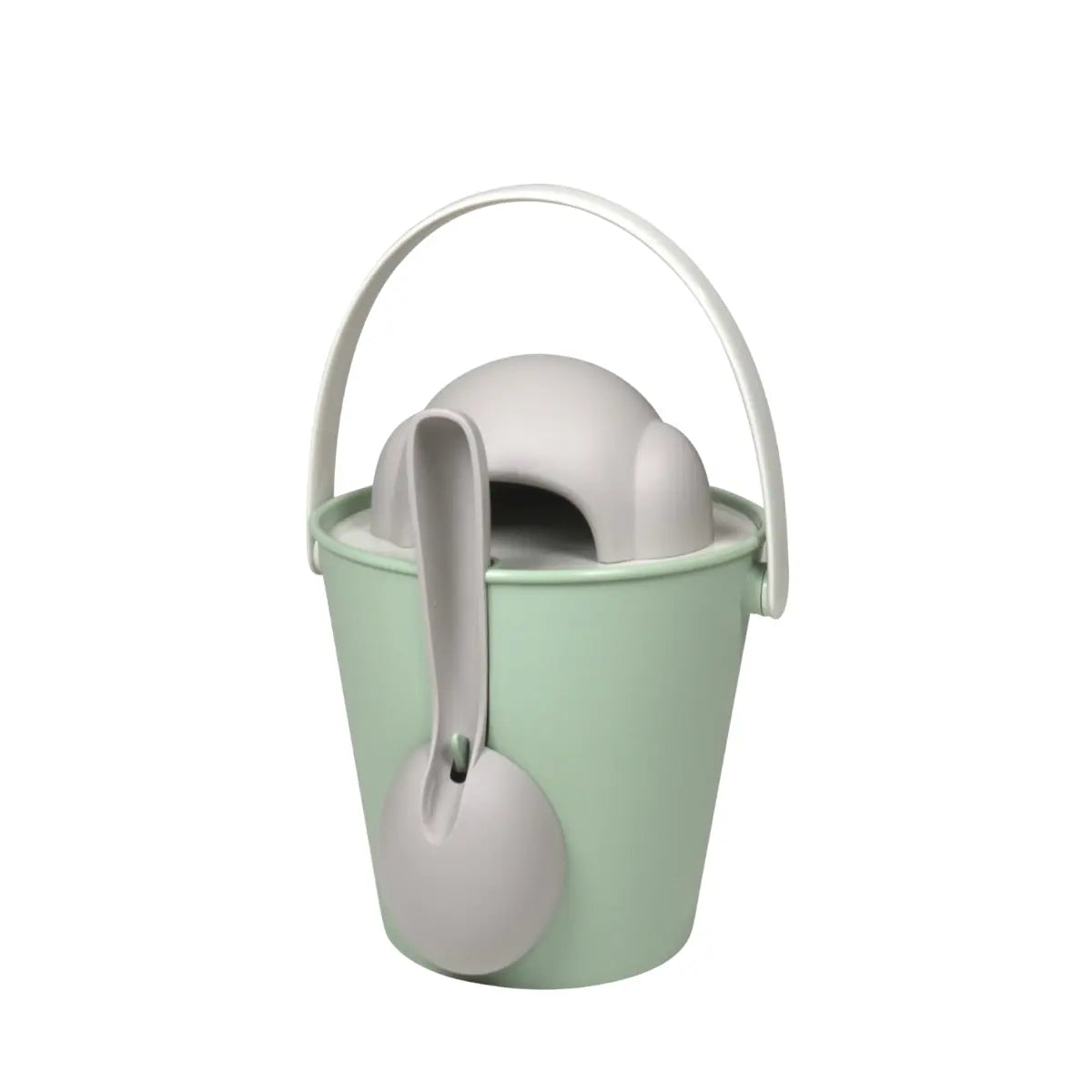 Porta crocchette per cani visto da dietro con paletta grigia come il volto e secchiello verde