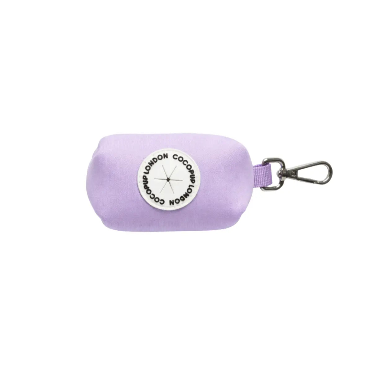 Porta sacchetti lilla con moschettone, marchio rotondo bianco con scritta Cocopup. Sfondo bianco