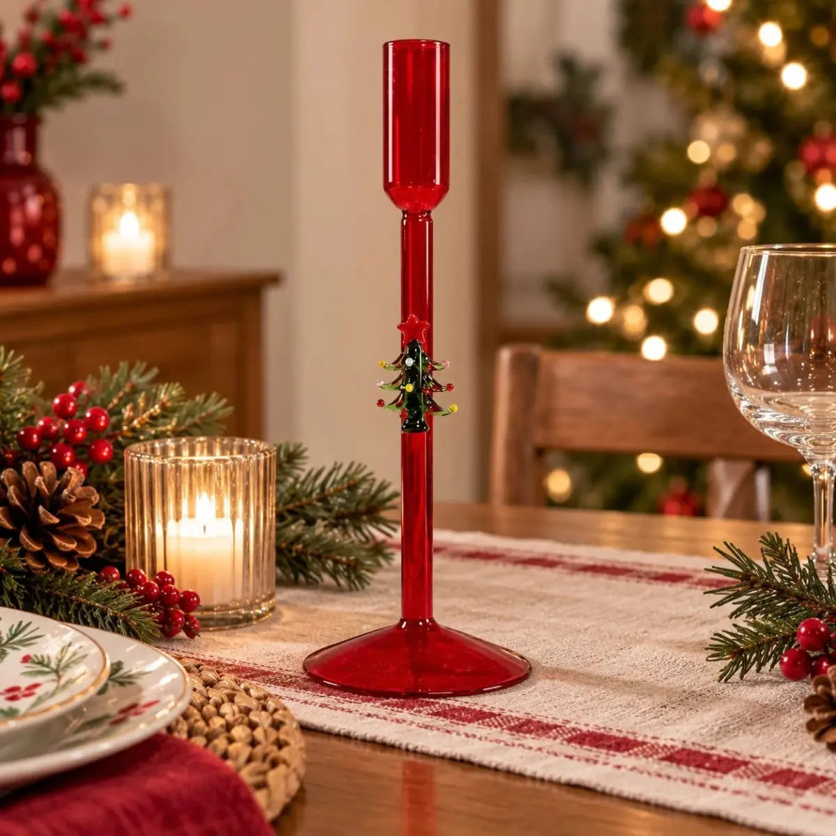 Portacandela natalizio WD Lifestyle in vetro rosso Albero di Natale H 24 cm