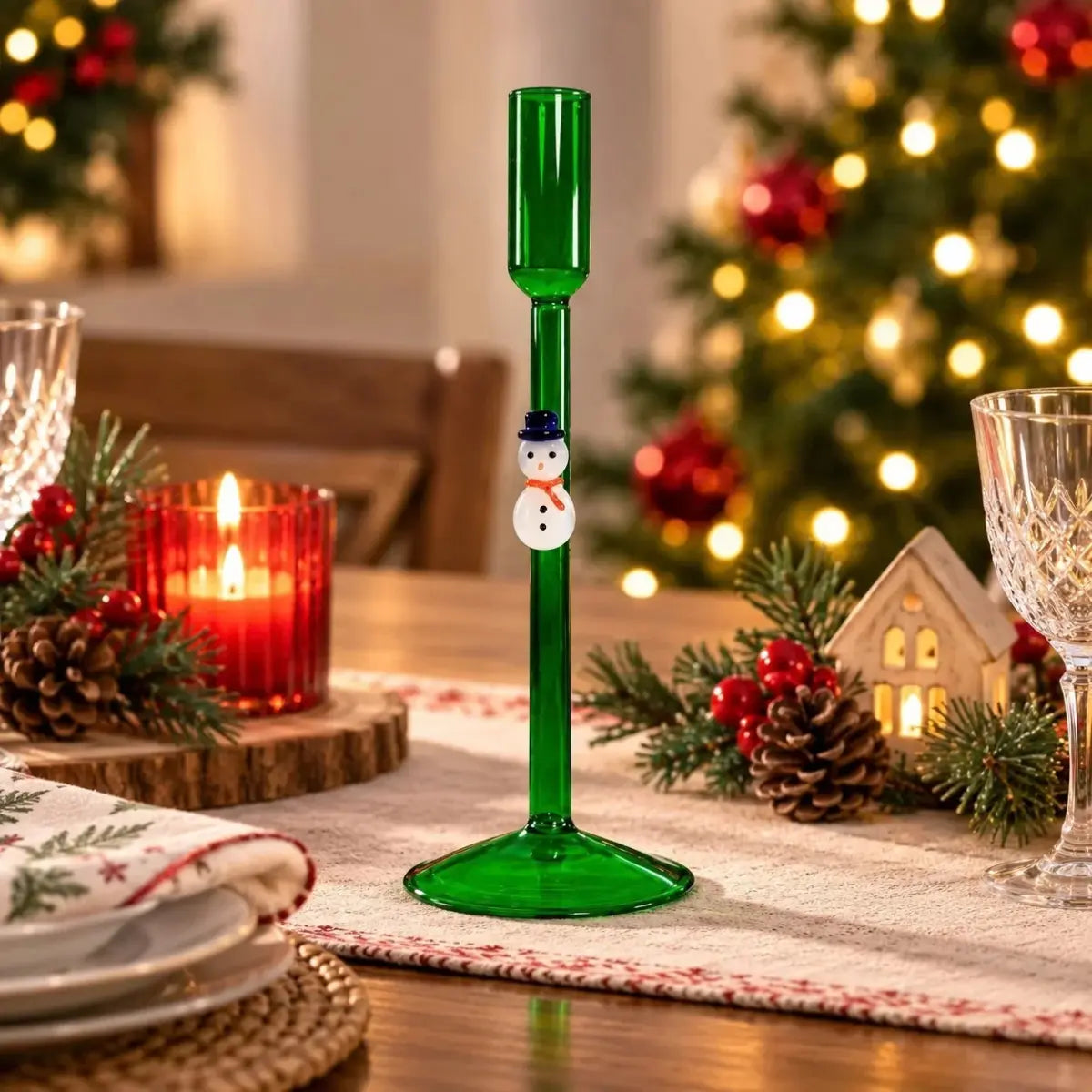 Portacandela natalizio WD Lifestyle in vetro verde Pupazzo di Neve H 24 cm