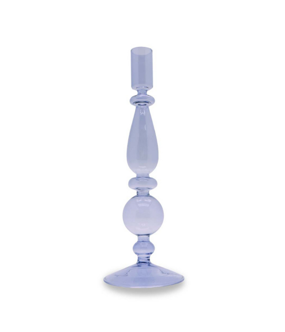 Portacandele alto con forma arrotondata e longilinea. Colore lilla. Immagine su sfondo bianco