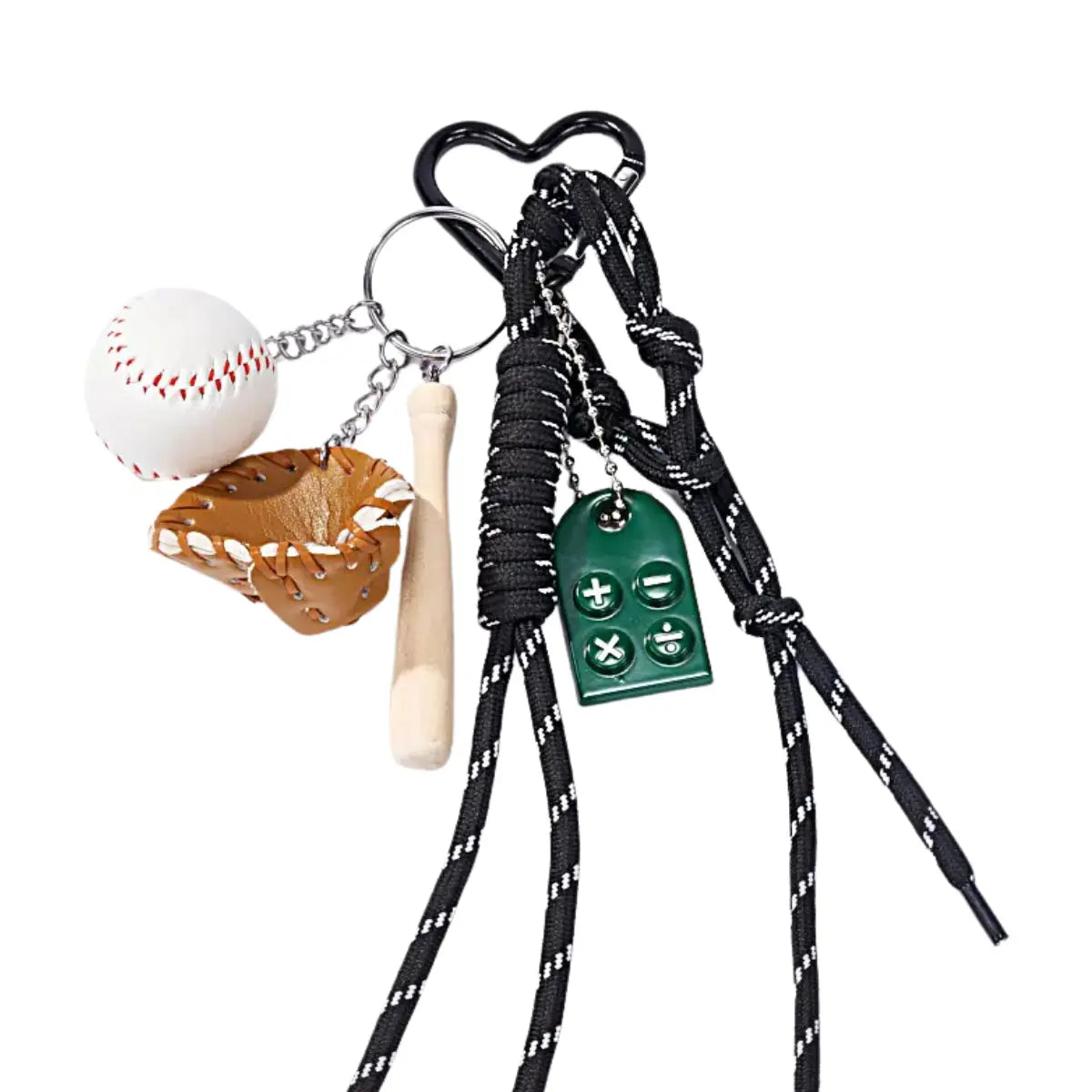 Portachiavi e ciondolo per borse per sportivi con palla, guantone e mazza da baseball e cordoncini neri