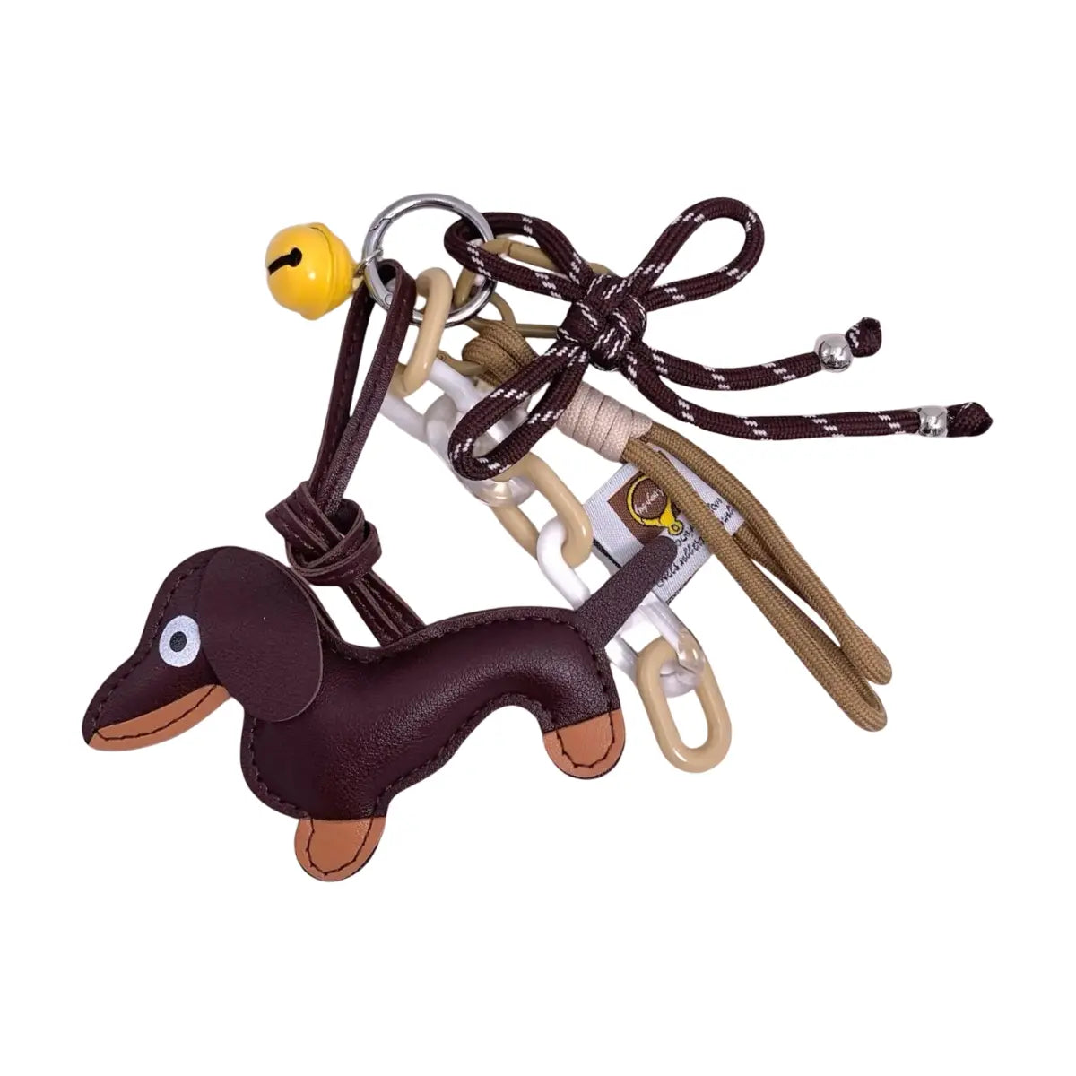 Portachiavi con ciondoli per chiavi e borse con bassotto, campanello giallo, cordoncini colorati e catena