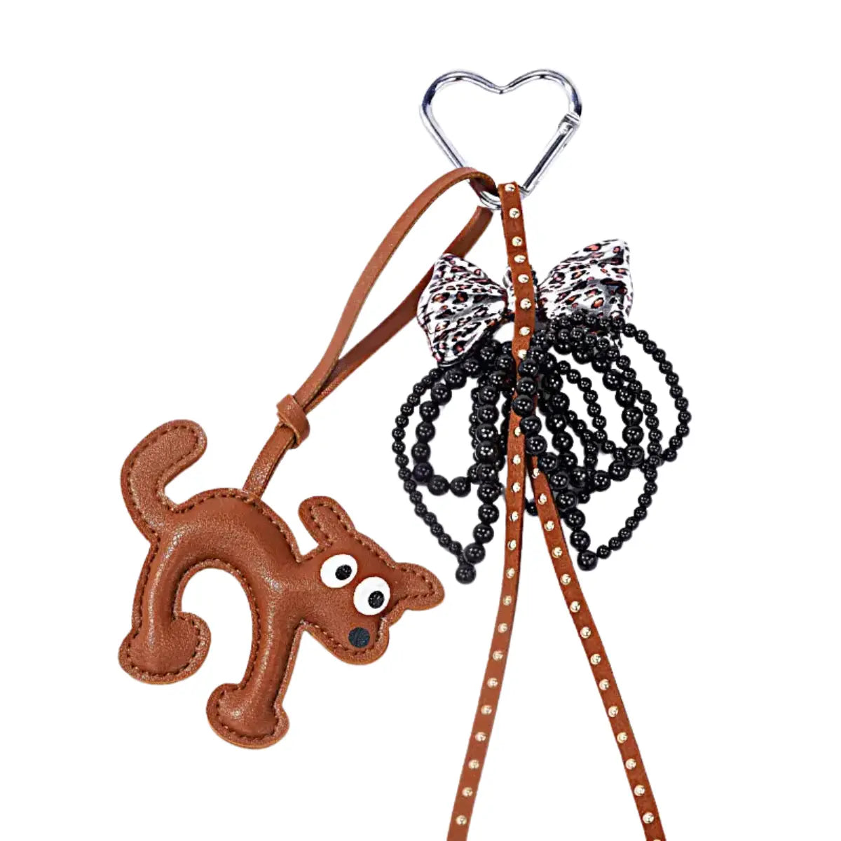Portachiavi e ciondolo per borse con cane stilizzato, fiocco leopardato e cordoncini neri e marroni 
