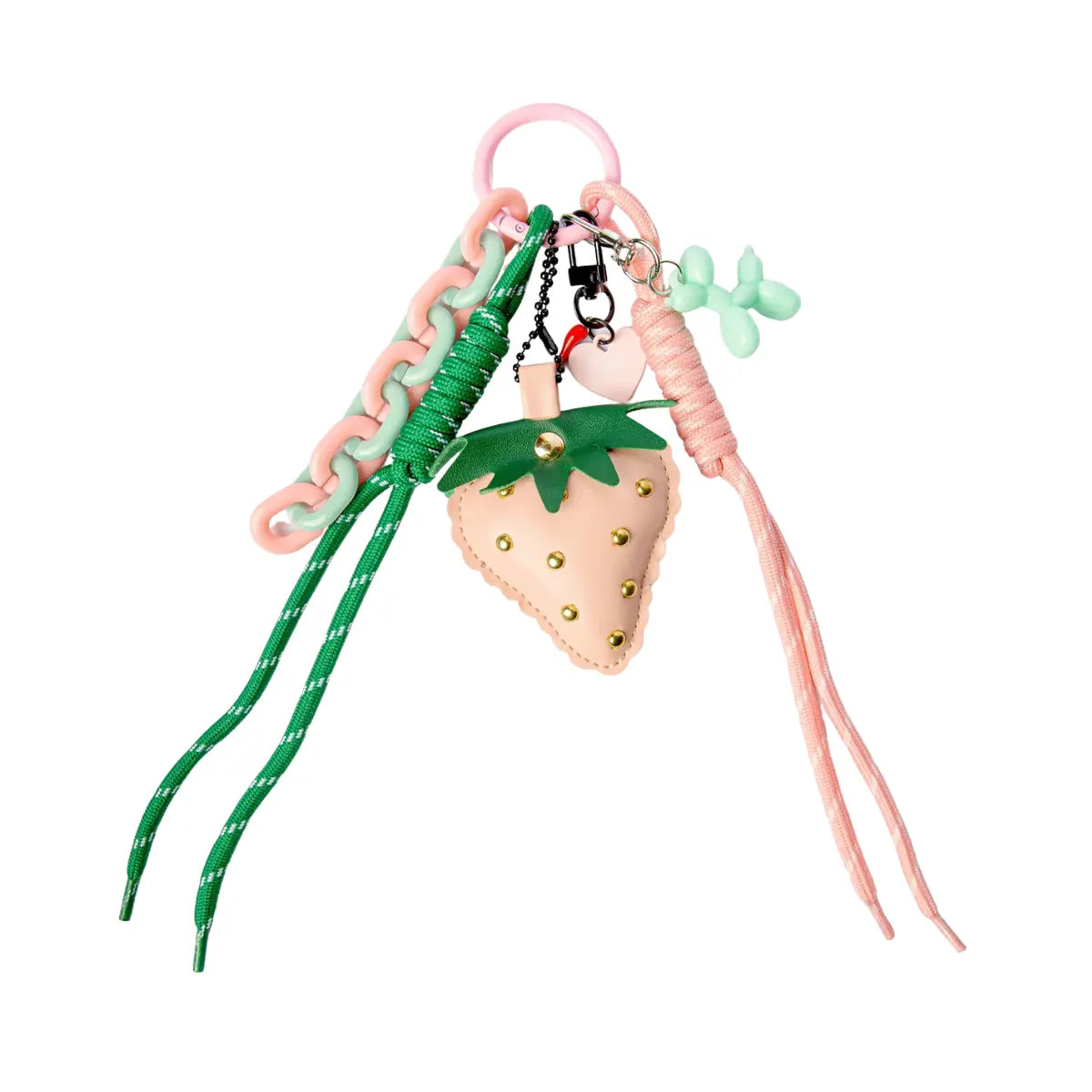 Portachiavi con ciondoli. Ciondolo a forma di fragola rosa, cane palloncino turchese, e lacci colorati.