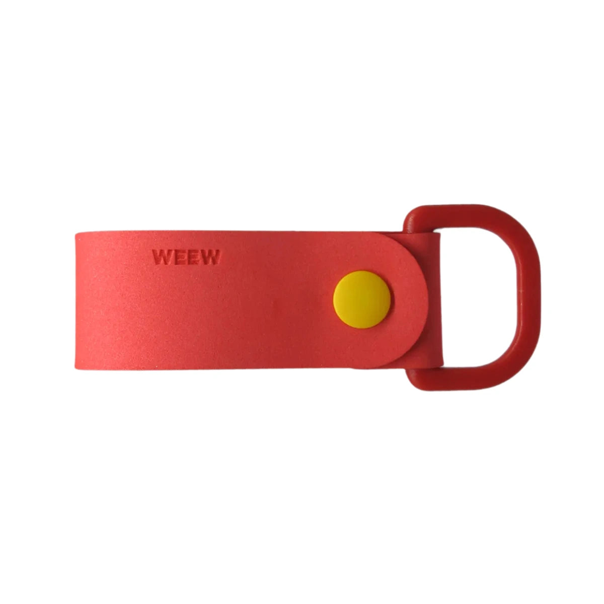 Portachiavi rosso in gomma con chiusura a bottone giallo, gancio rosso. Sfondo bianco