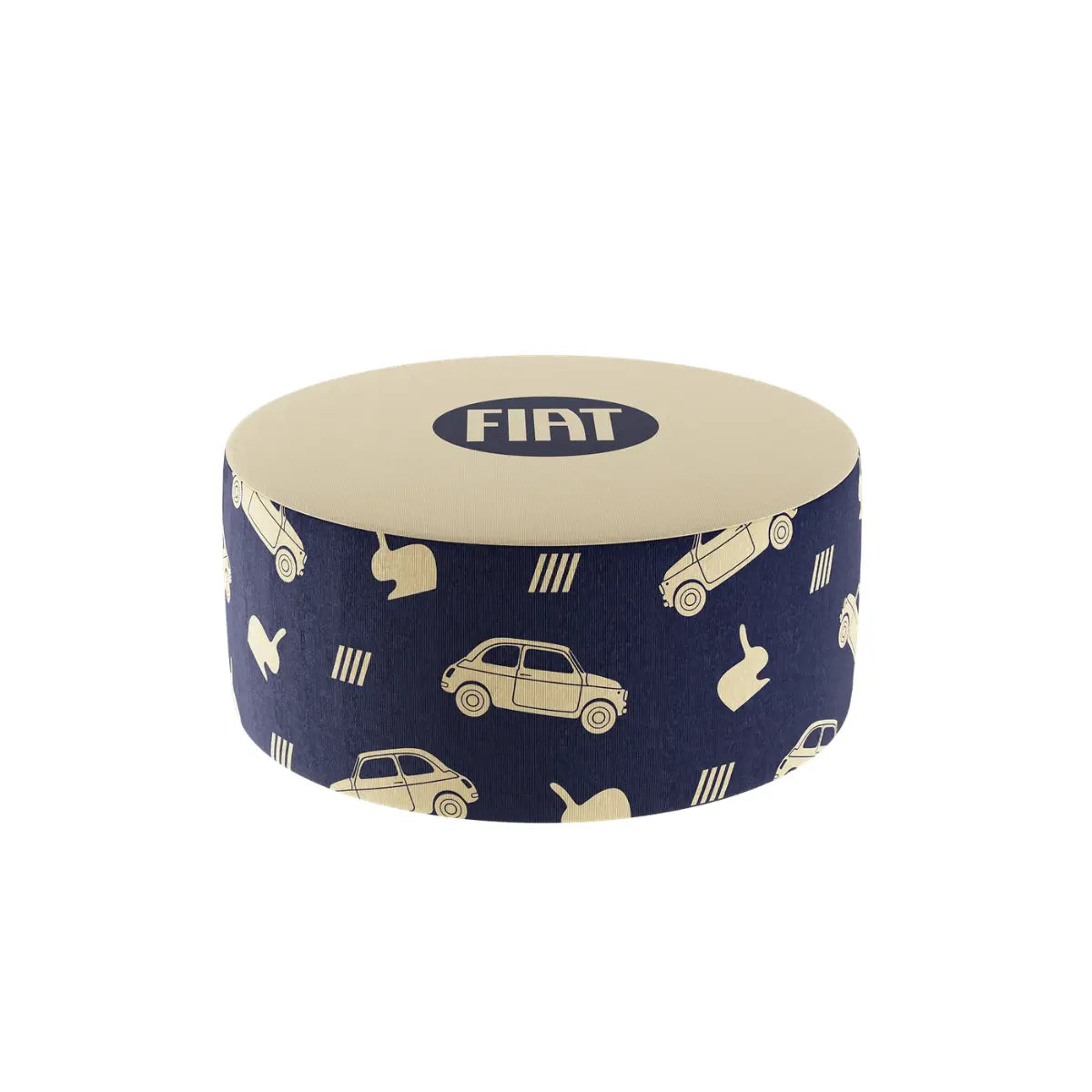 Pouf Fiat 500 Qeeboo misura L blu con motivi grafici ispirati alla storica automobile italiana, design Stefano Giovannoni