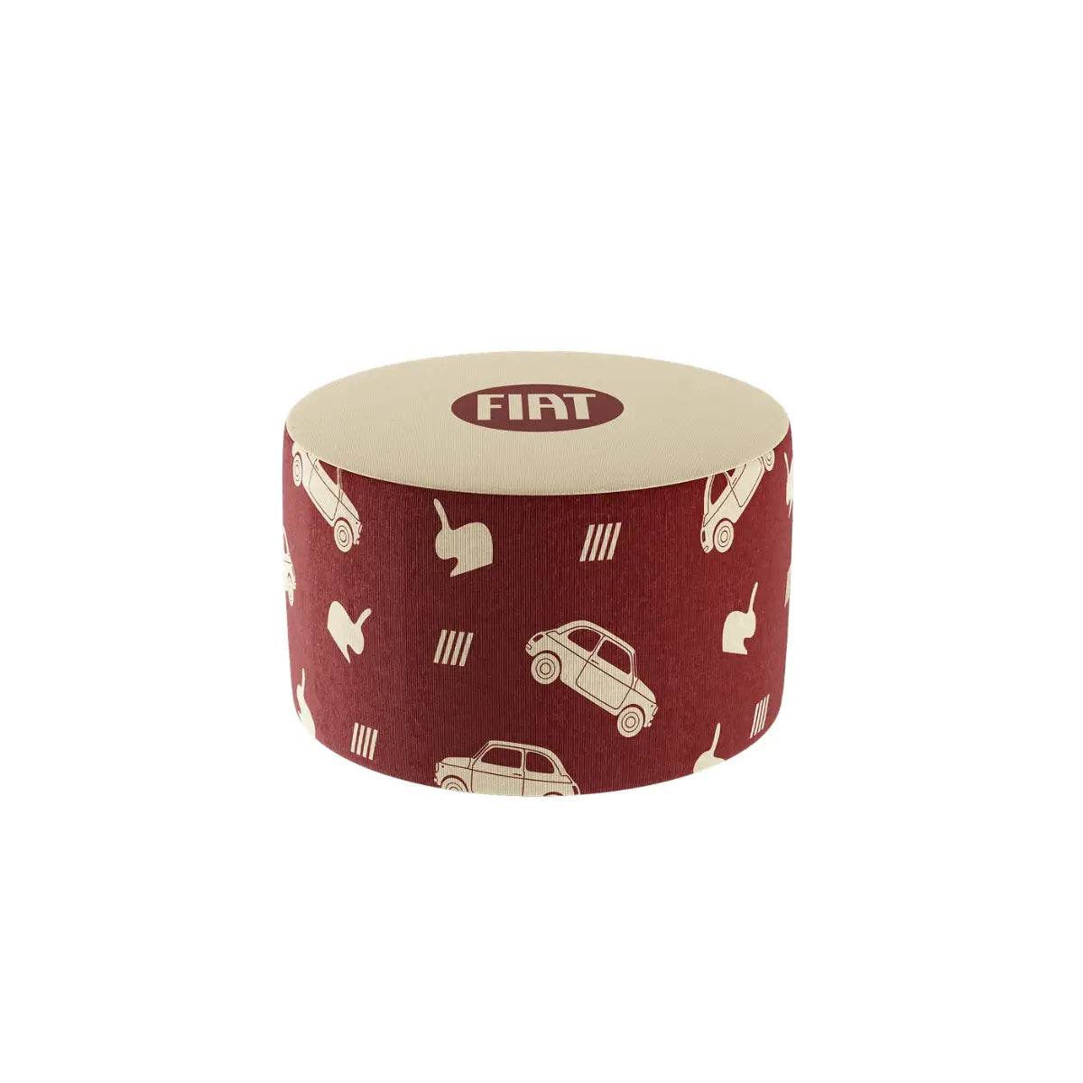 Pouf Fiat 500 Qeeboo misura M rosso con motivi grafici ispirati alla storica automobile italiana, design Stefano Giovannoni