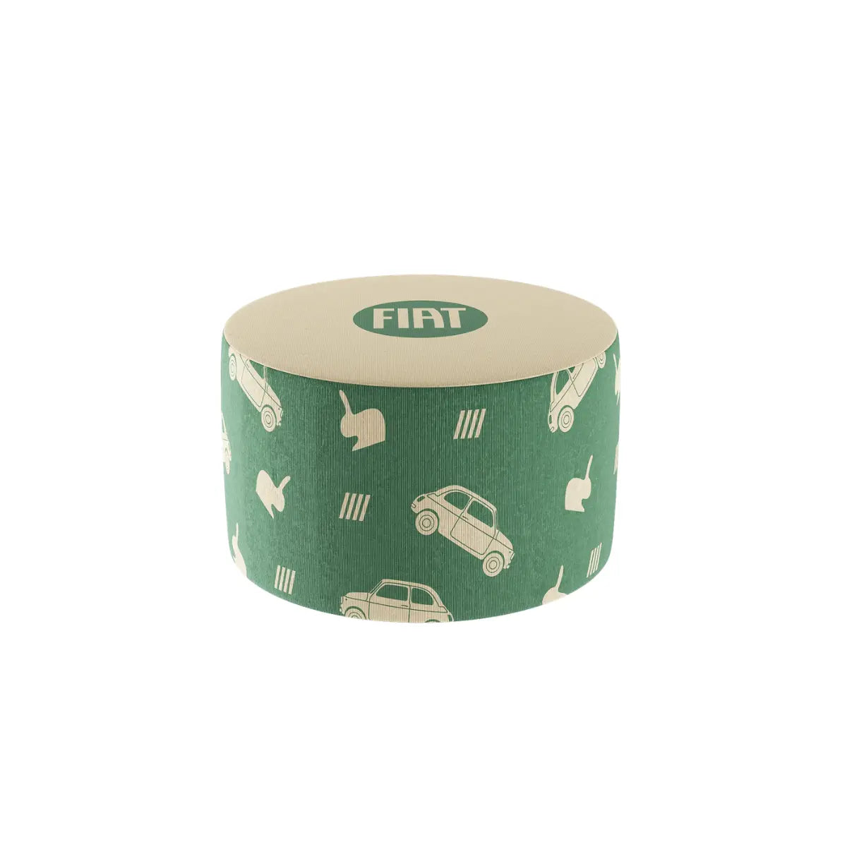 Pouf Fiat 500 Qeeboo misura M verde con motivi grafici ispirati alla storica automobile italiana, design Stefano Giovannoni