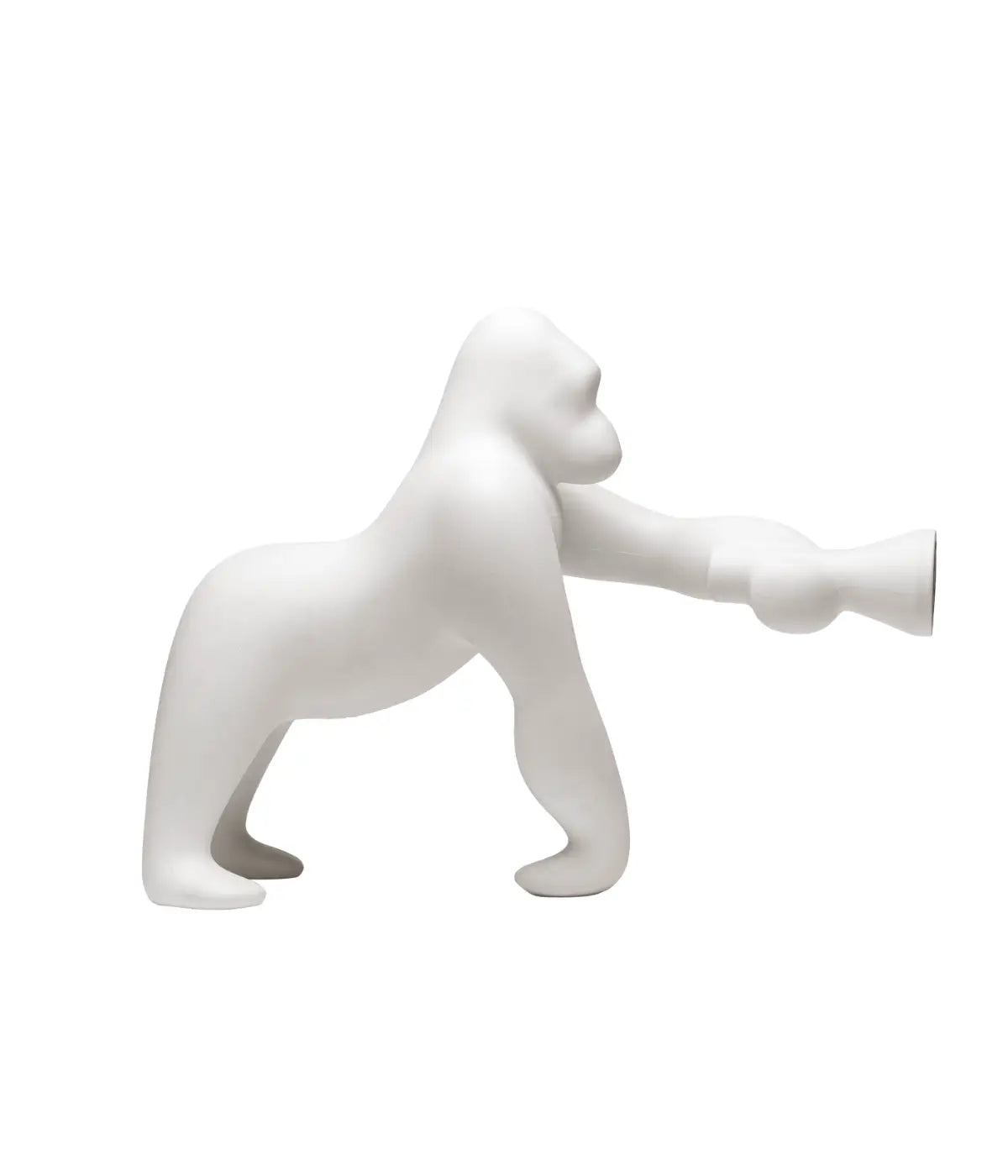 Lampada a forma di King Kong. Un braccio contiene in fondo la luce. Immagine su sfondo bianco