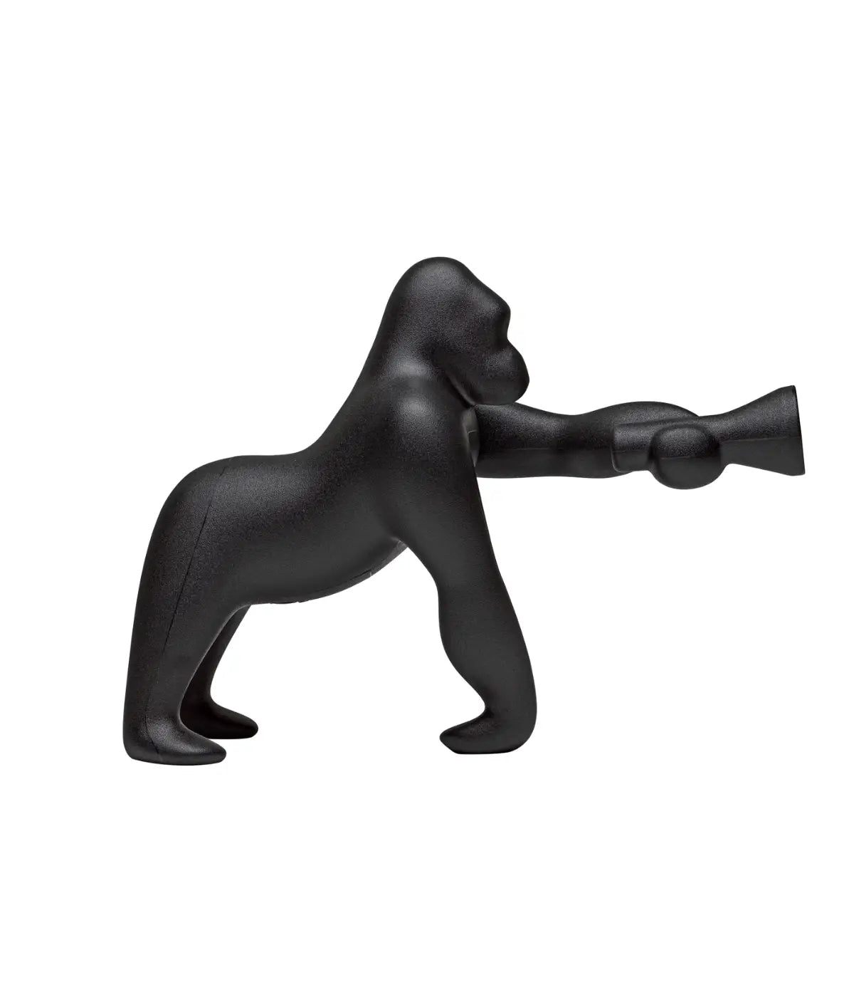 Lampada a forma di King Kong nera. Un braccio contiene in fondo la luce. Sfondo bianco