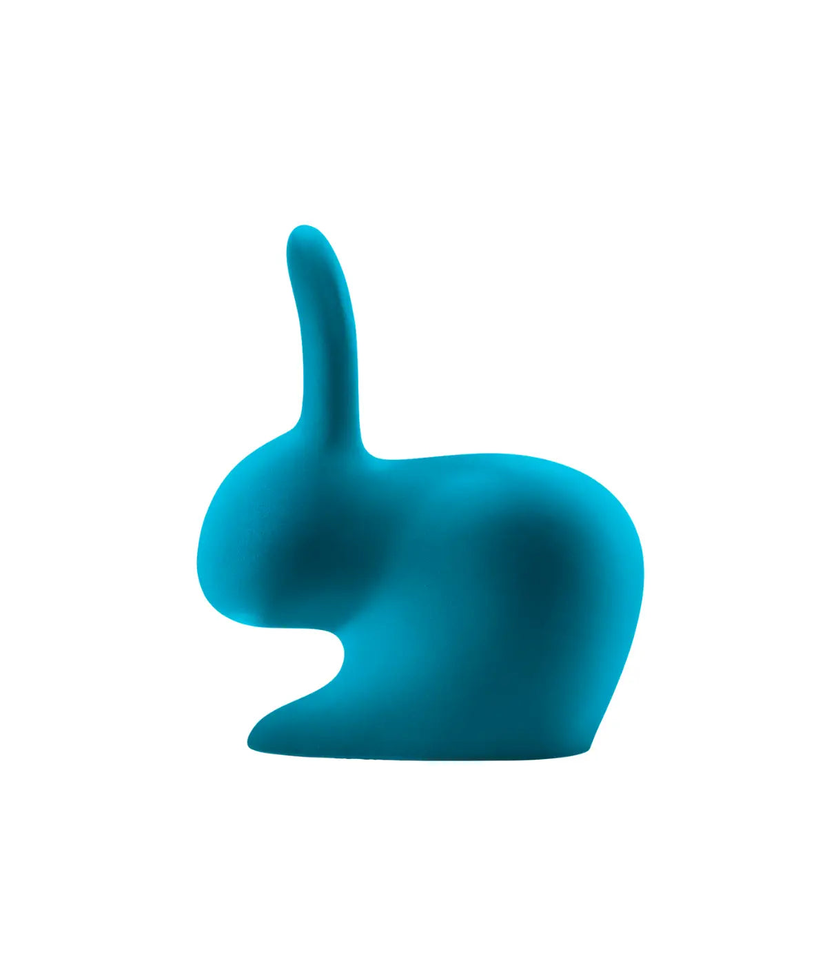 Profilo sedia a forma di coniglio in velluto turchese. Immagine su sfondo bianco