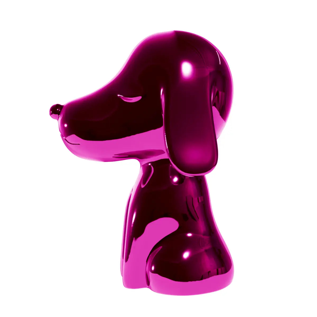 Profilo statua fuxia a forma di cane, con occhi naso e bocca. Sfondo bianco