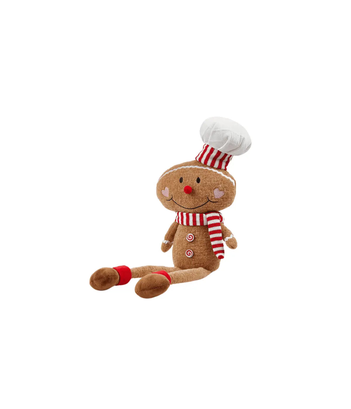 Un pupazzo con cappello, sciarpa bianca e rossa, gambemolli seduto. Sfondo bianco